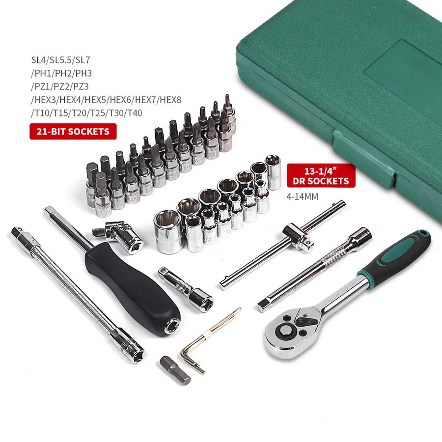 Green plastic case open to show a 46-piece set of alloy steel car repair sockets and wrenches.