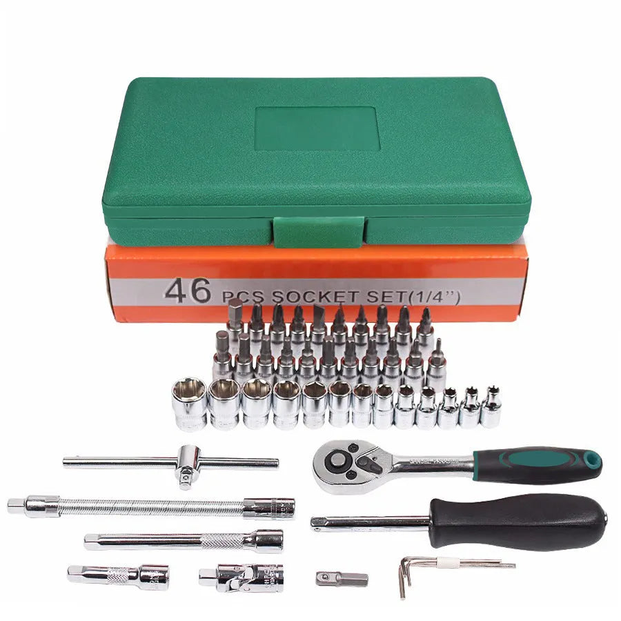 Green plastic case open to show a 46-piece set of alloy steel car repair sockets and wrenches.