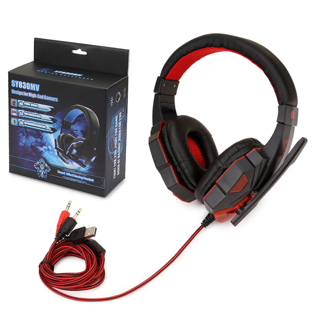 Wired gaming headset with braided cable and leather ear pads in black and red colour option