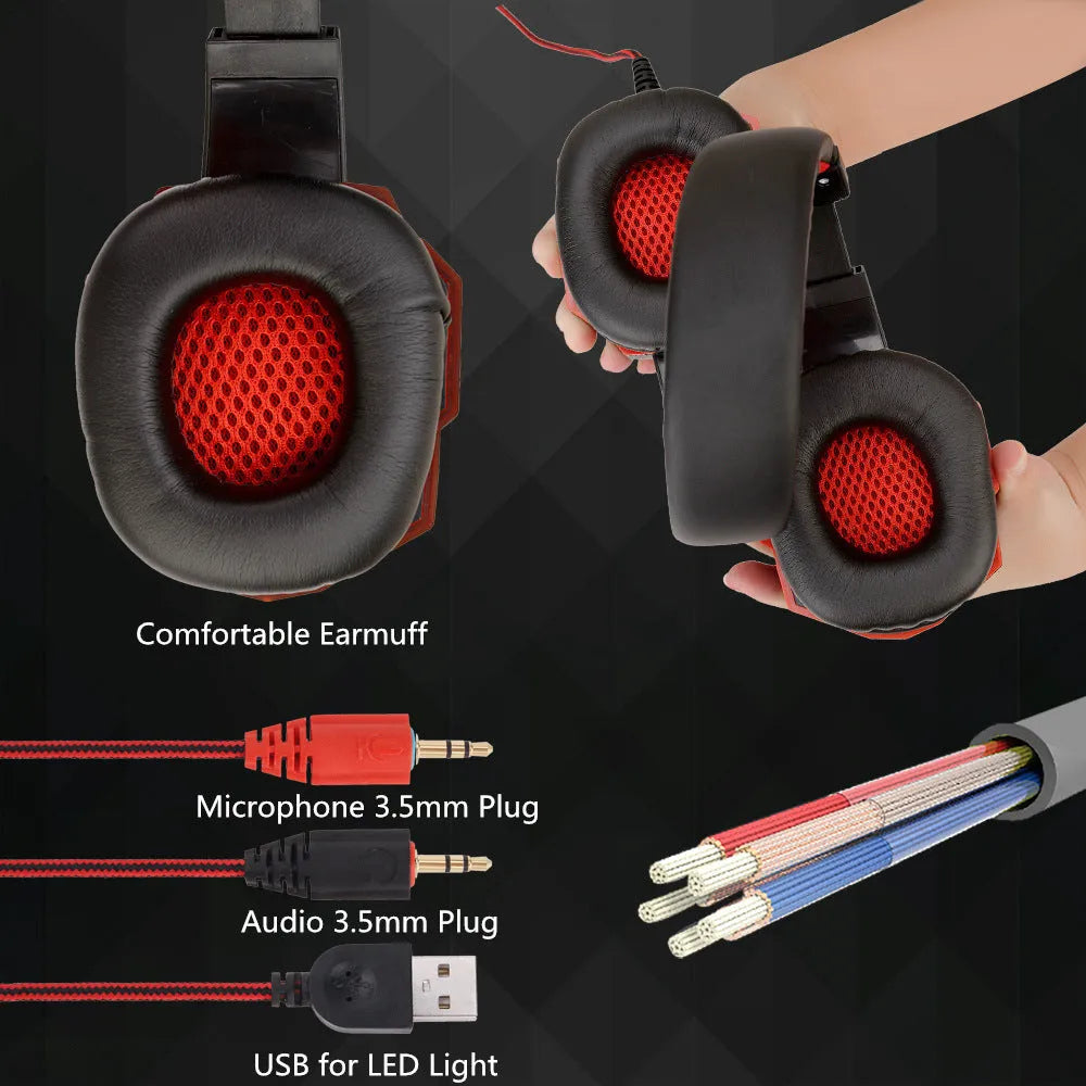 Wired gaming headset with braided cable and leather ear pads in black and red colour option