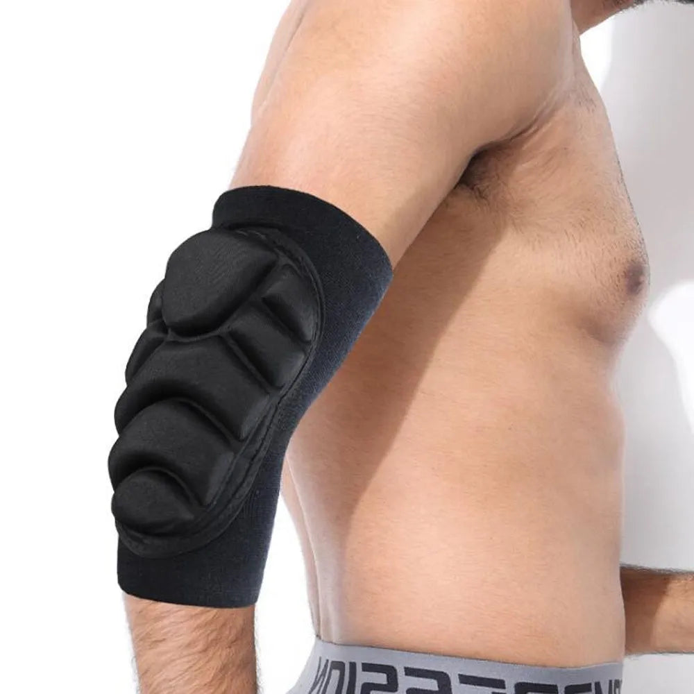 Black thickened sponge elbow pads with nylon and spandex build, featuring size options S, M, L, XL for sports and military training