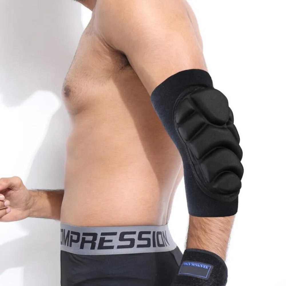 Black thickened sponge elbow pads with nylon and spandex build, featuring size options S, M, L, XL for sports and military training