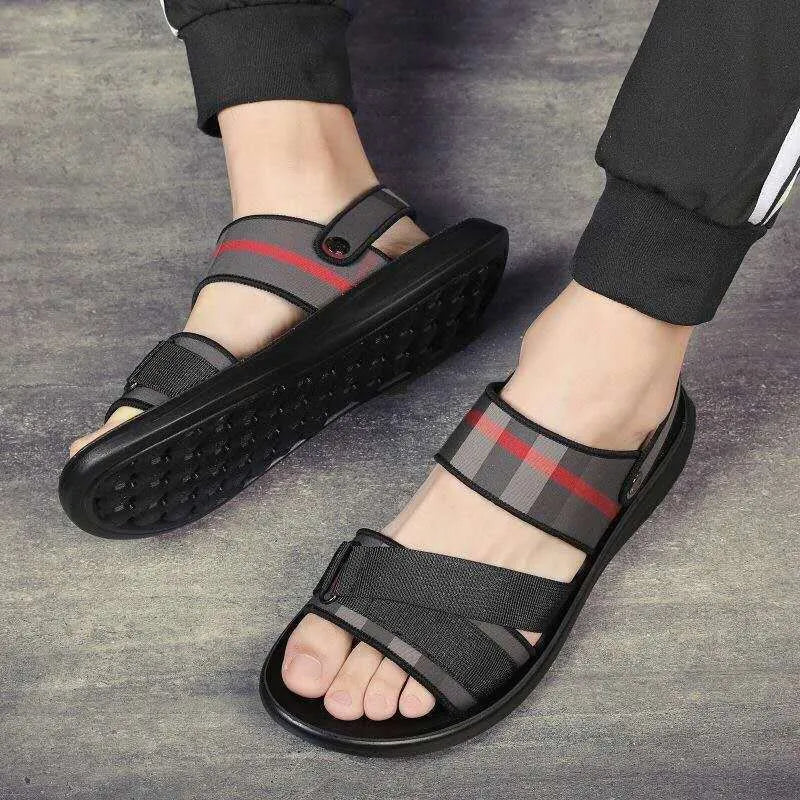 Youth casual sandals with Lycra fabric upper and polyurethane sole on a summer background.