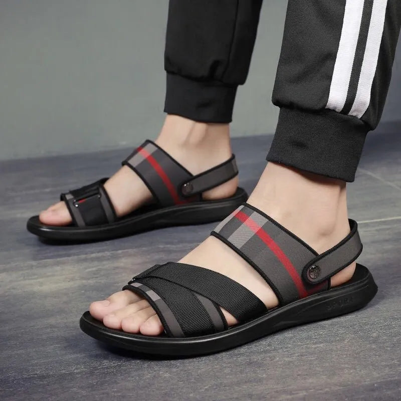 Youth casual sandals with Lycra fabric upper and polyurethane sole on a summer background.