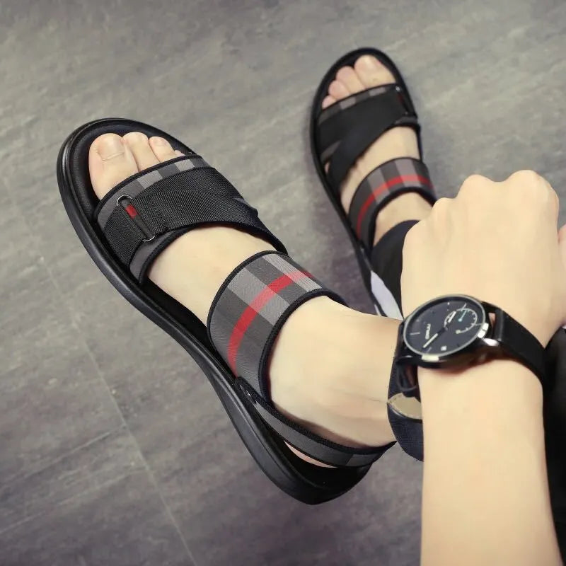 Youth casual sandals with Lycra fabric upper and polyurethane sole on a summer background.