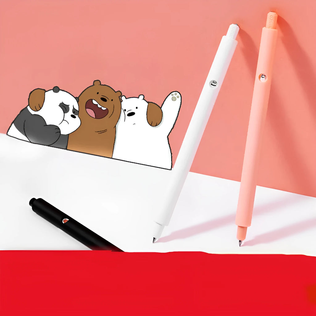 MINISO Bare Bear cartoon design press gel pen with 0.5mm tip in black, pink, and white colours