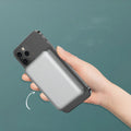 Silver aluminium Apple wireless magnetic power bank showing USB-C port and dimensions.