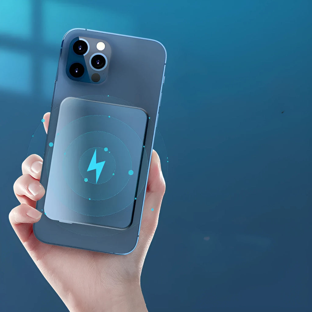 Silver aluminium Apple wireless magnetic power bank showing USB-C port and dimensions.