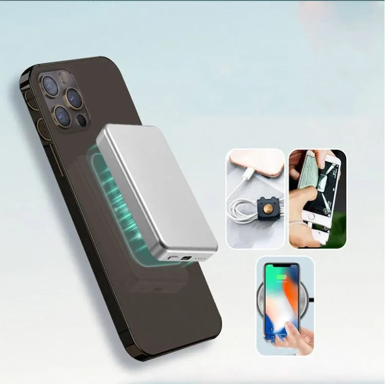 Silver aluminium Apple wireless magnetic power bank showing USB-C port and dimensions.