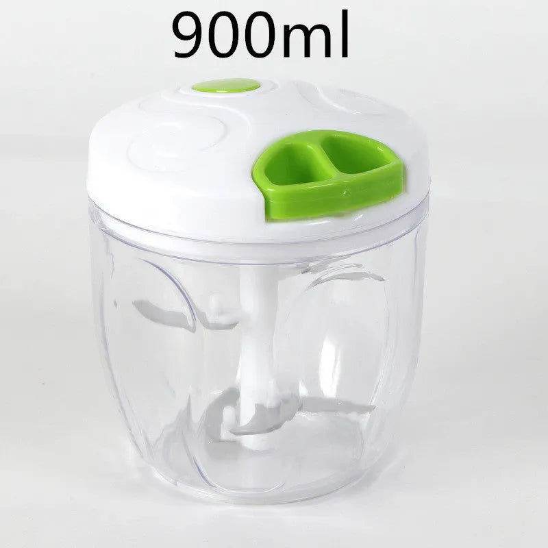 Green manual kitchen chopper grinder with three blades inside a clear bowl.