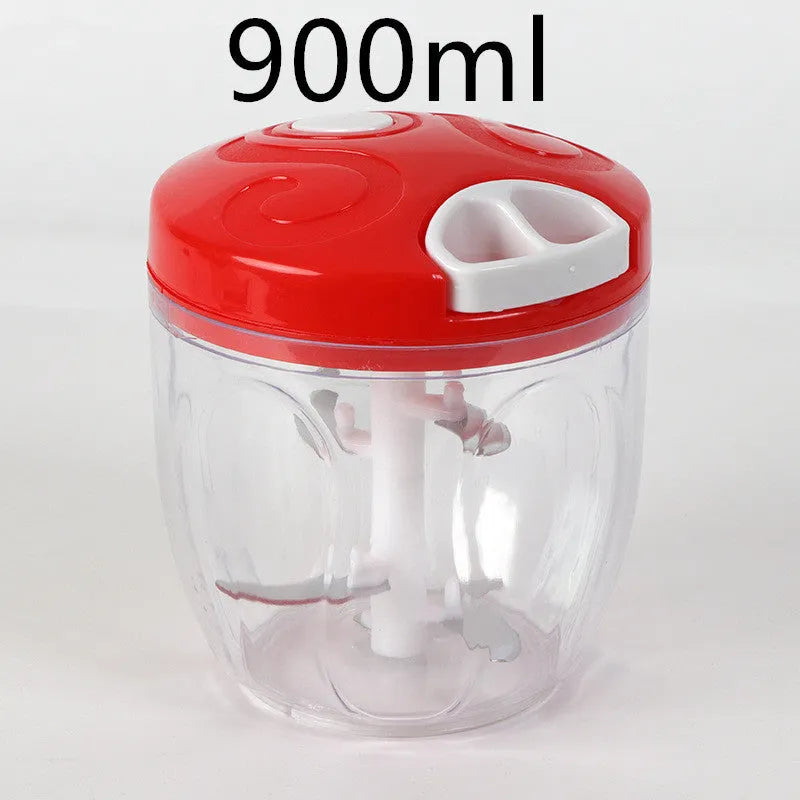 Green manual kitchen chopper grinder with three blades inside a clear bowl.