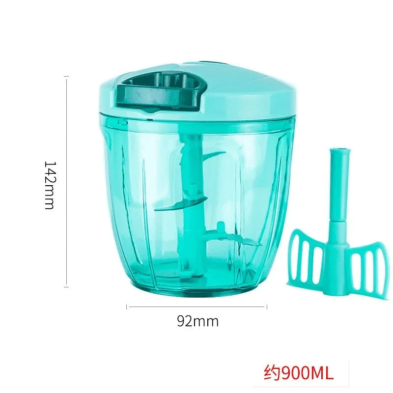 Green manual kitchen chopper grinder with three blades inside a clear bowl.