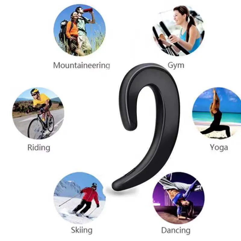 Wireless Bluetooth ear-hook earphones in black, red, silver, white, and gold colours