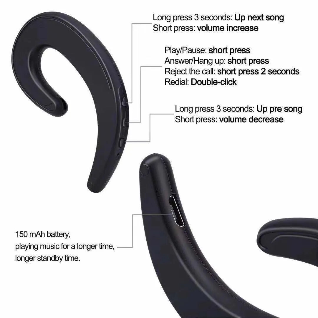Wireless Bluetooth ear-hook earphones in black, red, silver, white, and gold colours