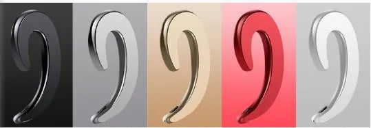 Wireless Bluetooth ear-hook earphones in black, red, silver, white, and gold colours