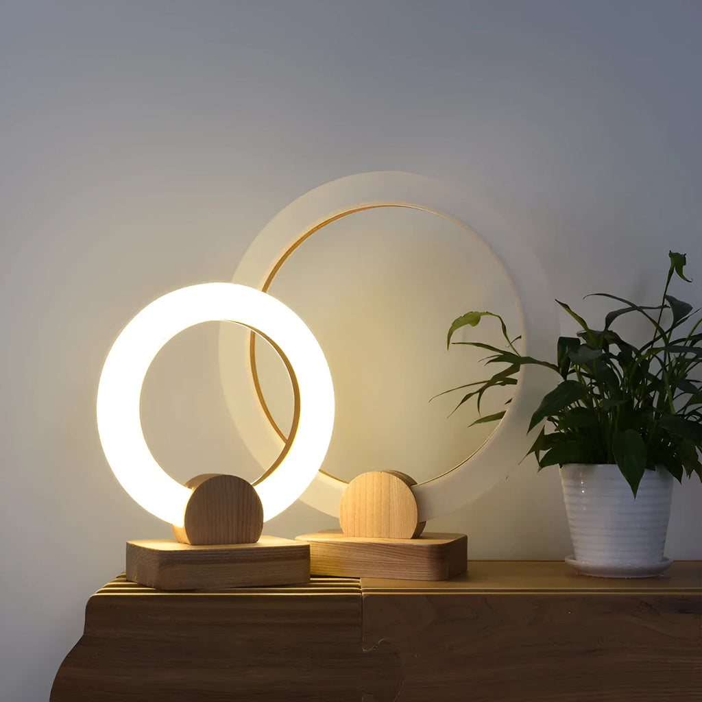 Nordic style wooden circular chandelier with acrylic shade in living room setting