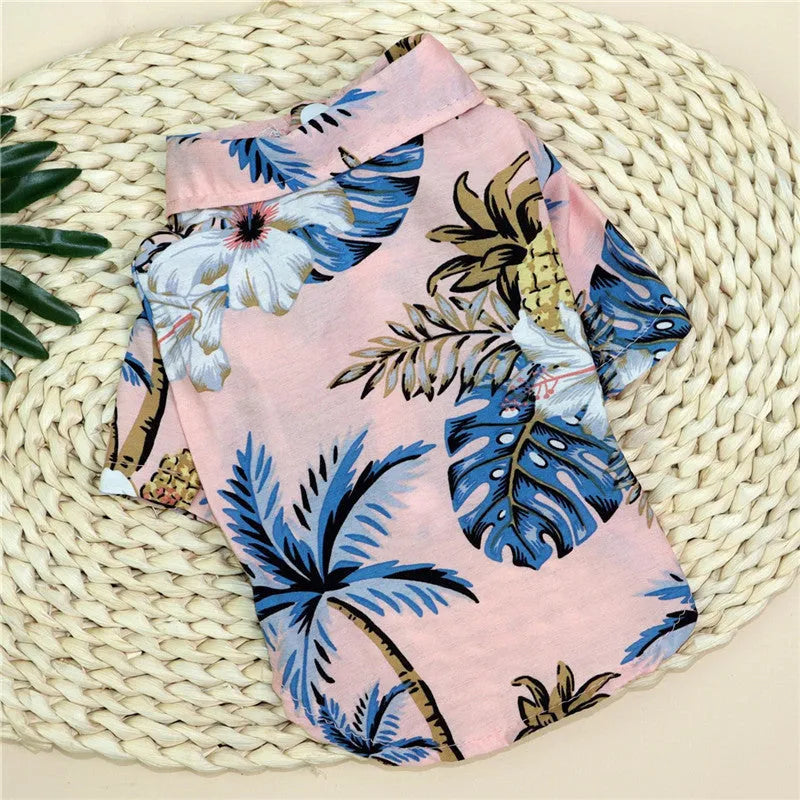 Hawaiian dog shirt in navy blue with colourful print, button front, short sleeves, for small dogs and cats.