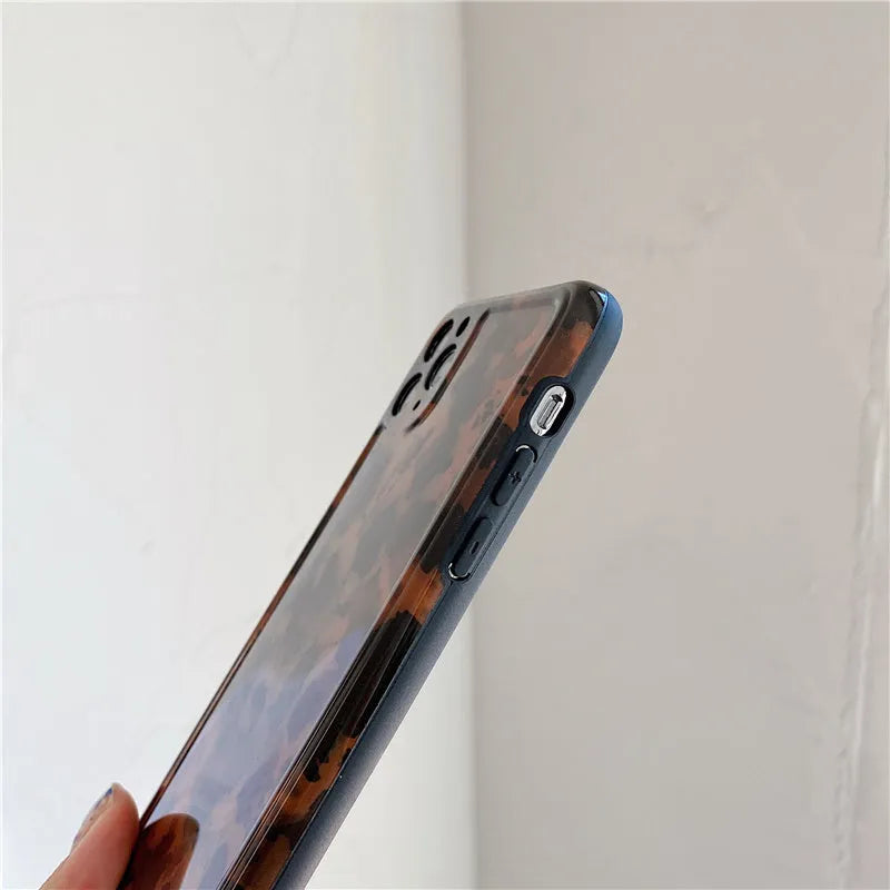 Retro amber leopard print soft rubber iPhone case with all-wrapped edges and reserved lanyard hole