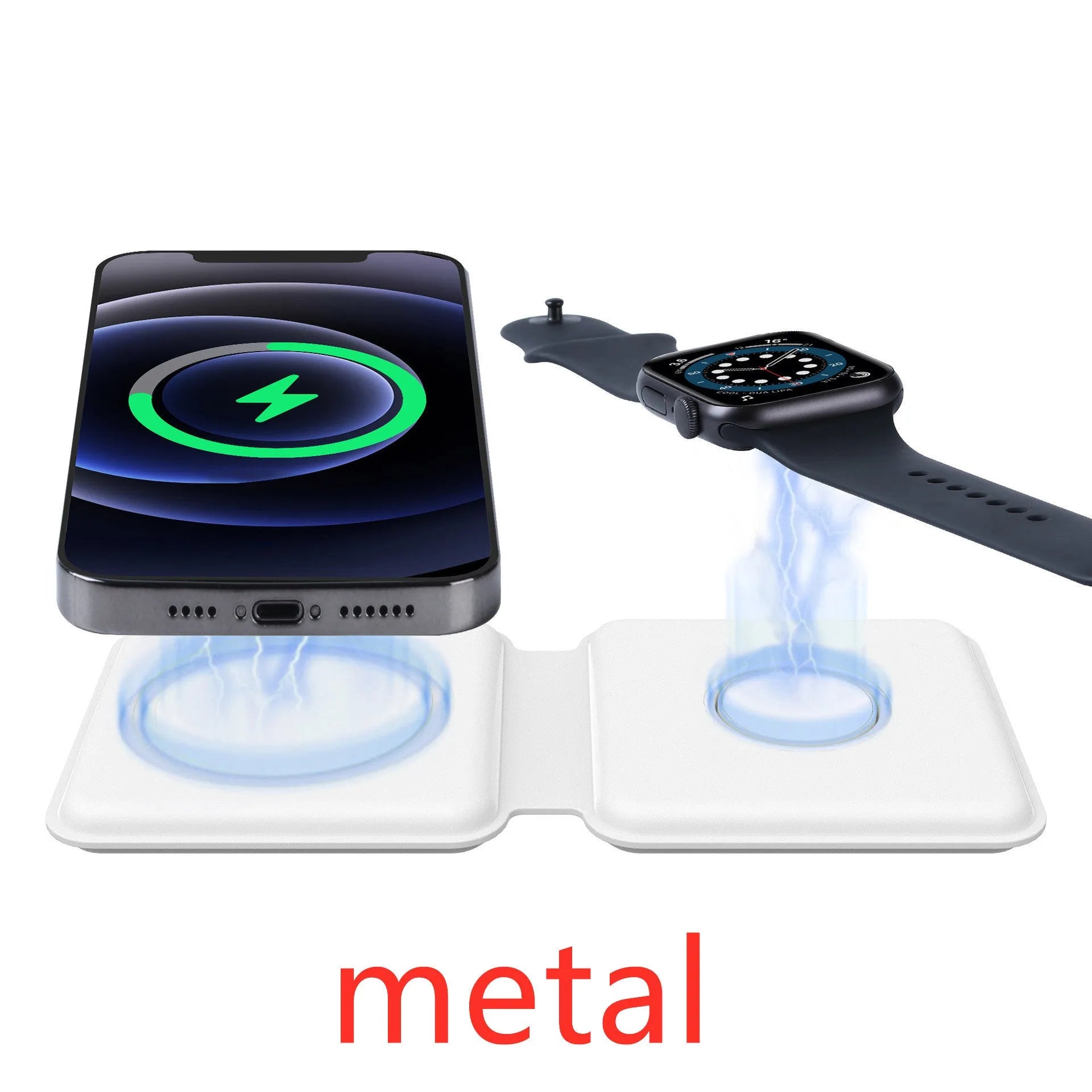 White foldable magnetic wireless charging dock showing dual-device support and adjustable angle.
