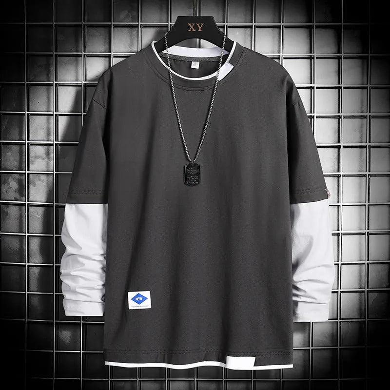 Loose round neck long sleeve polyester blend bottoming shirt in fog blue with geometric pattern