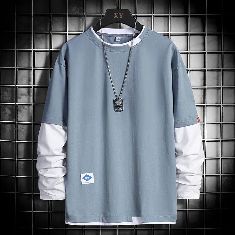 Loose round neck long sleeve polyester blend bottoming shirt in fog blue with geometric pattern