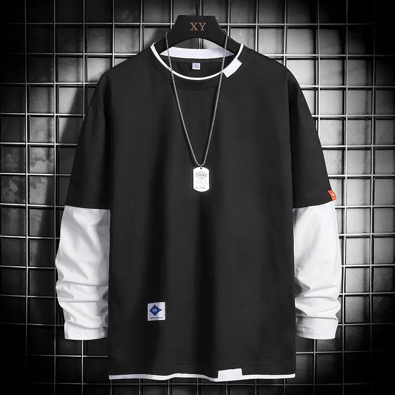 Loose round neck long sleeve polyester blend bottoming shirt in fog blue with geometric pattern