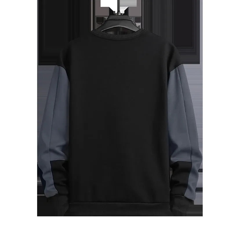 Long-sleeved loose round-neck colour-block top in 100% polyester, sizes M to 5XL, in black, grey blue, khaki or white