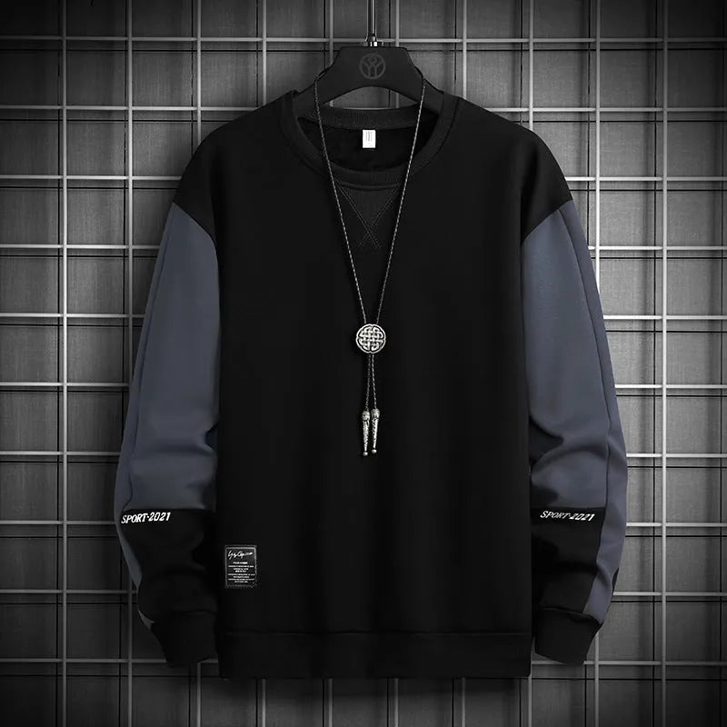 Long-sleeved loose round-neck colour-block top in 100% polyester, sizes M to 5XL, in black, grey blue, khaki or white