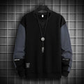 Long-sleeved loose round-neck colour-block top in 100% polyester, sizes M to 5XL, in black, grey blue, khaki or white