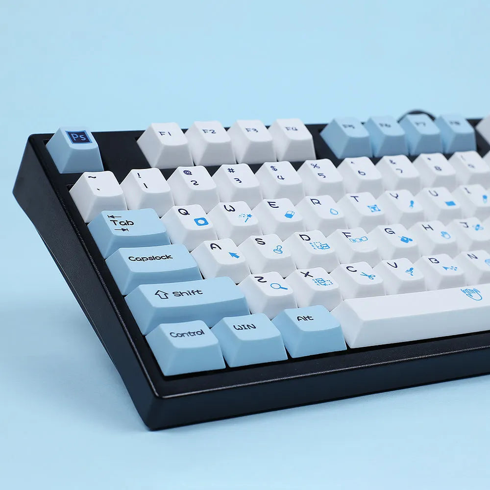 PS controller-themed mechanical keyboard keycaps with blue and white sublimation design