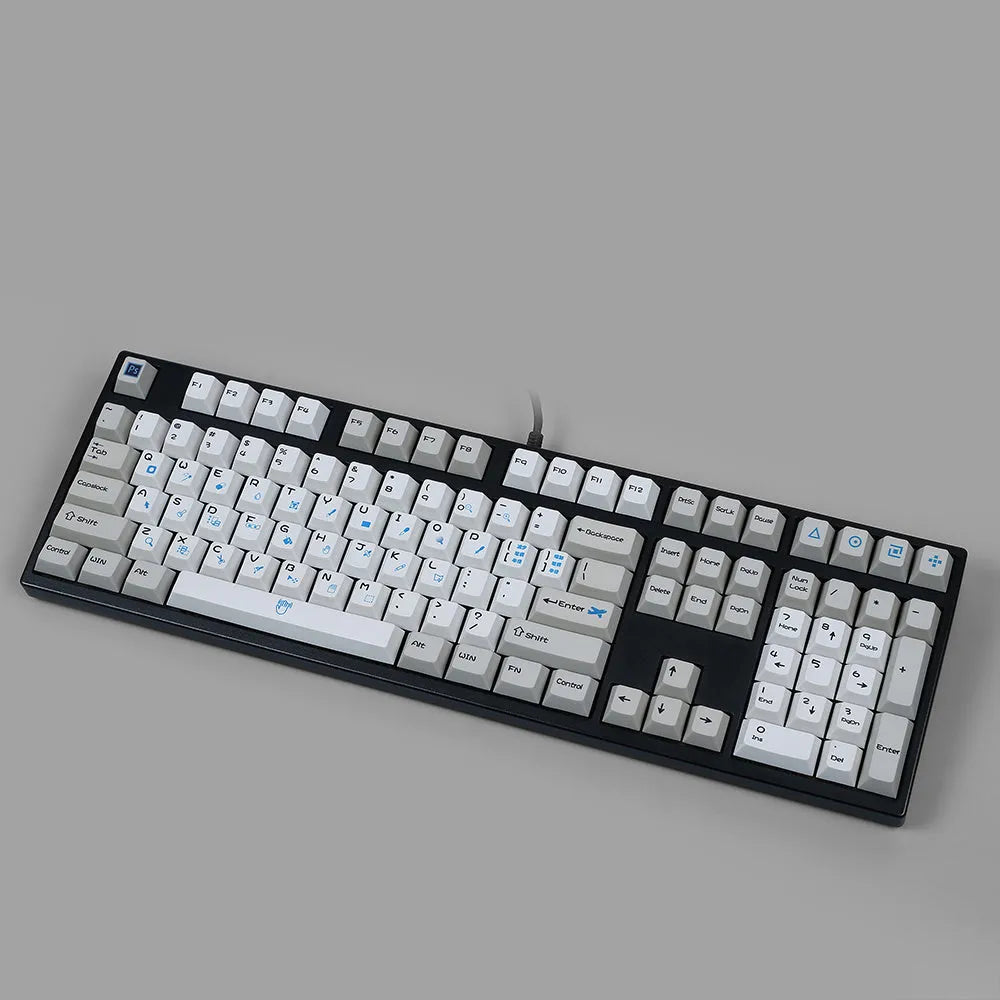 PS controller-themed mechanical keyboard keycaps with blue and white sublimation design