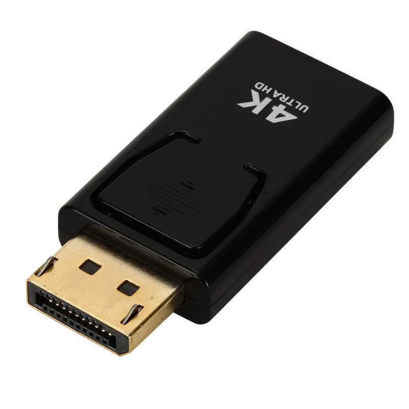 Black DisplayPort to HDMI adapter cable for 4K video transmission between computers and displays