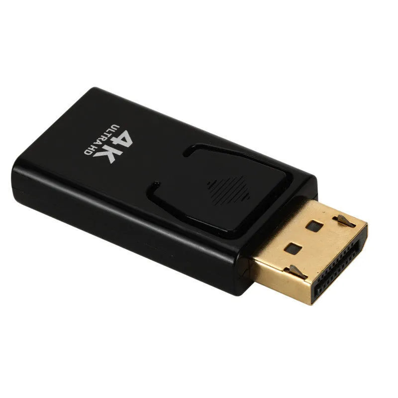 Black DisplayPort to HDMI adapter cable for 4K video transmission between computers and displays