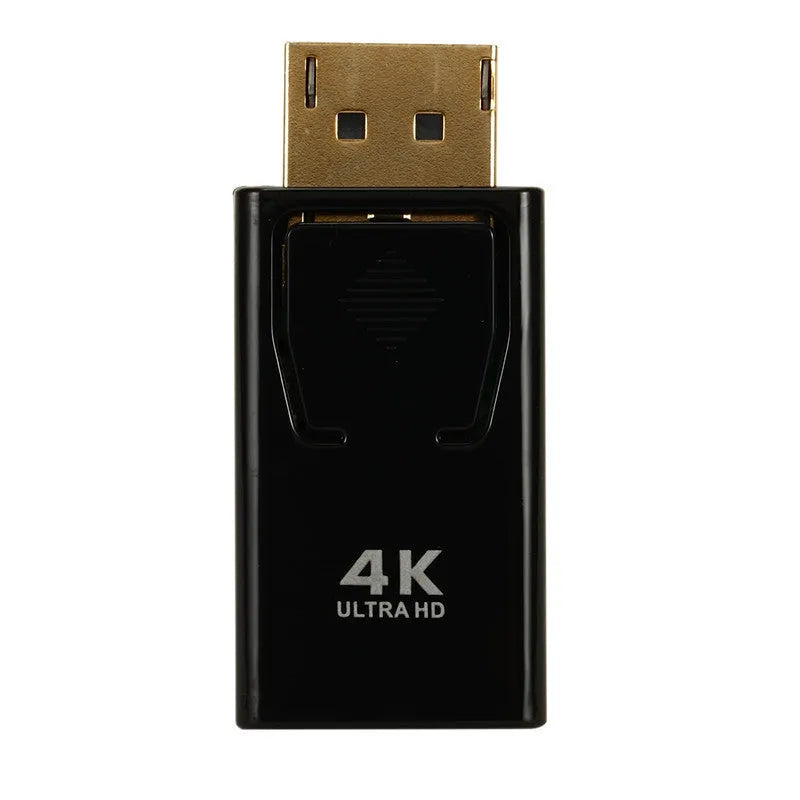 Black DisplayPort to HDMI adapter cable for 4K video transmission between computers and displays