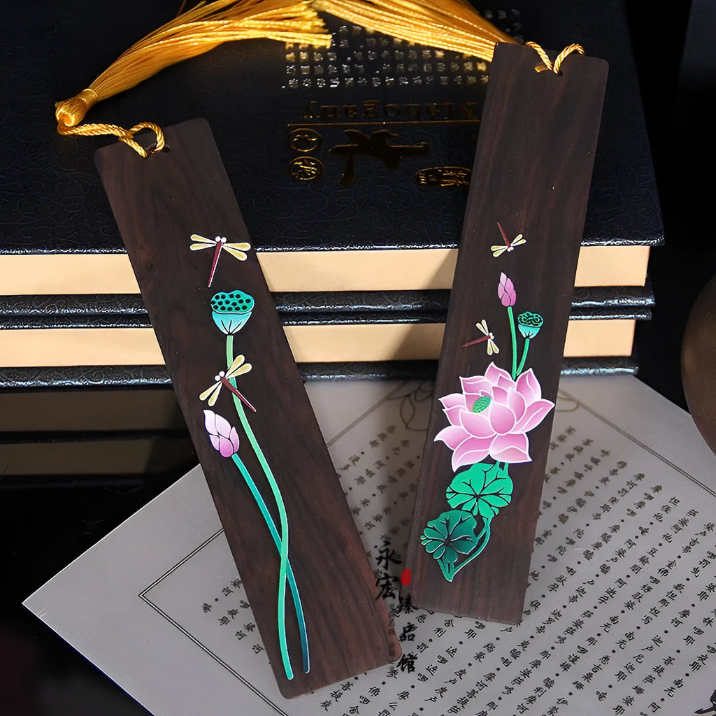 Painted lotus sandalwood bookmark with landscape flower design, Chinese national style office ornament