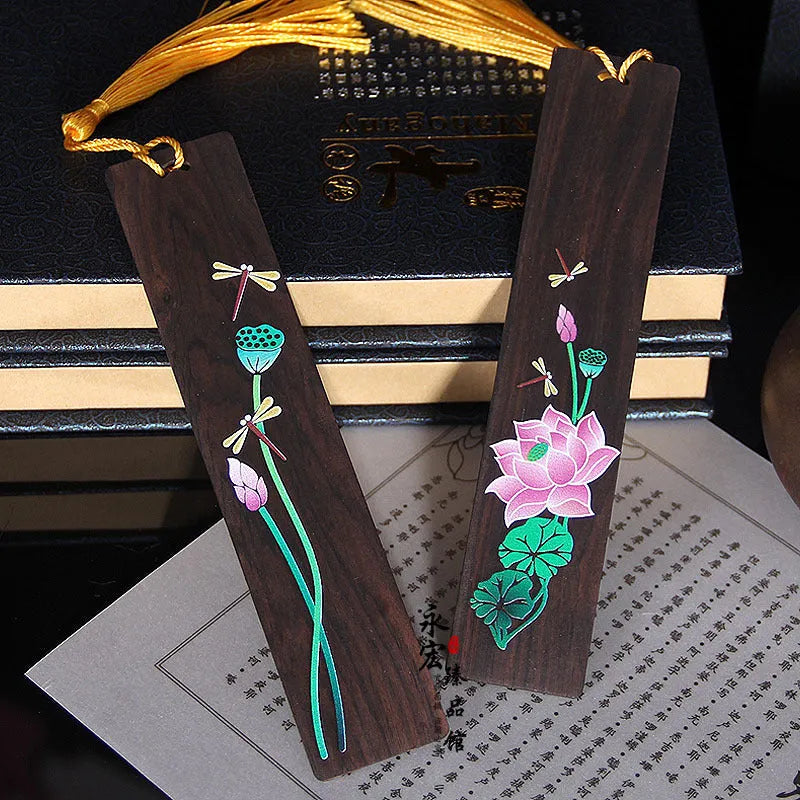 Painted lotus sandalwood bookmark with landscape flower design, Chinese national style office ornament