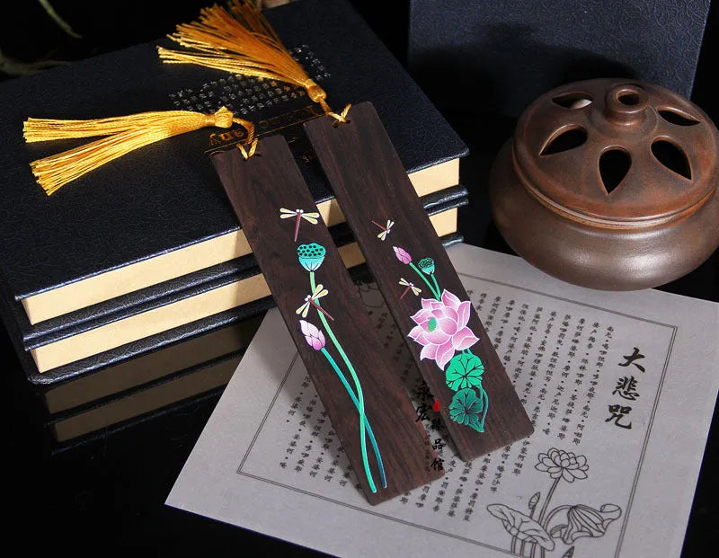 Painted lotus sandalwood bookmark with landscape flower design, Chinese national style office ornament