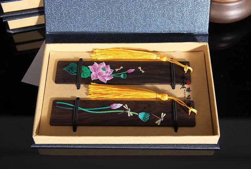 Painted lotus sandalwood bookmark with landscape flower design, Chinese national style office ornament