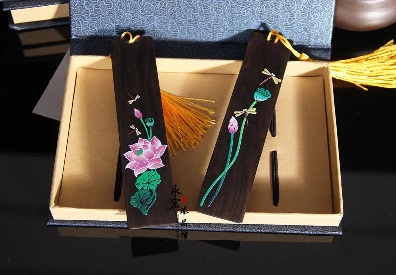 Painted lotus sandalwood bookmark with landscape flower design, Chinese national style office ornament