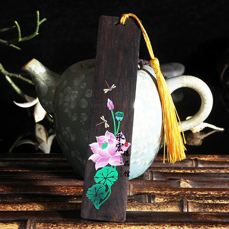 Painted lotus sandalwood bookmark with landscape flower design, Chinese national style office ornament
