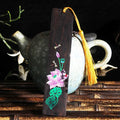 Painted lotus sandalwood bookmark with landscape flower design, Chinese national style office ornament