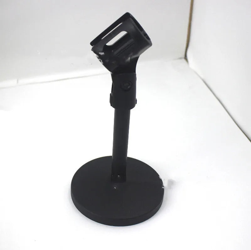 Black steel desktop microphone bracket with triangular design and plastic clip