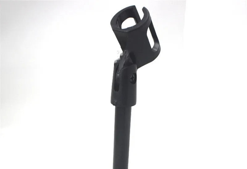 Black steel desktop microphone bracket with triangular design and plastic clip