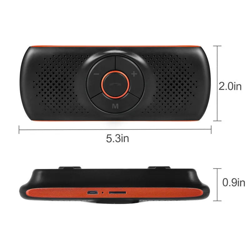 Orange Bluetooth car hands-free phone kit mounted on vehicle sun visor for wireless calling