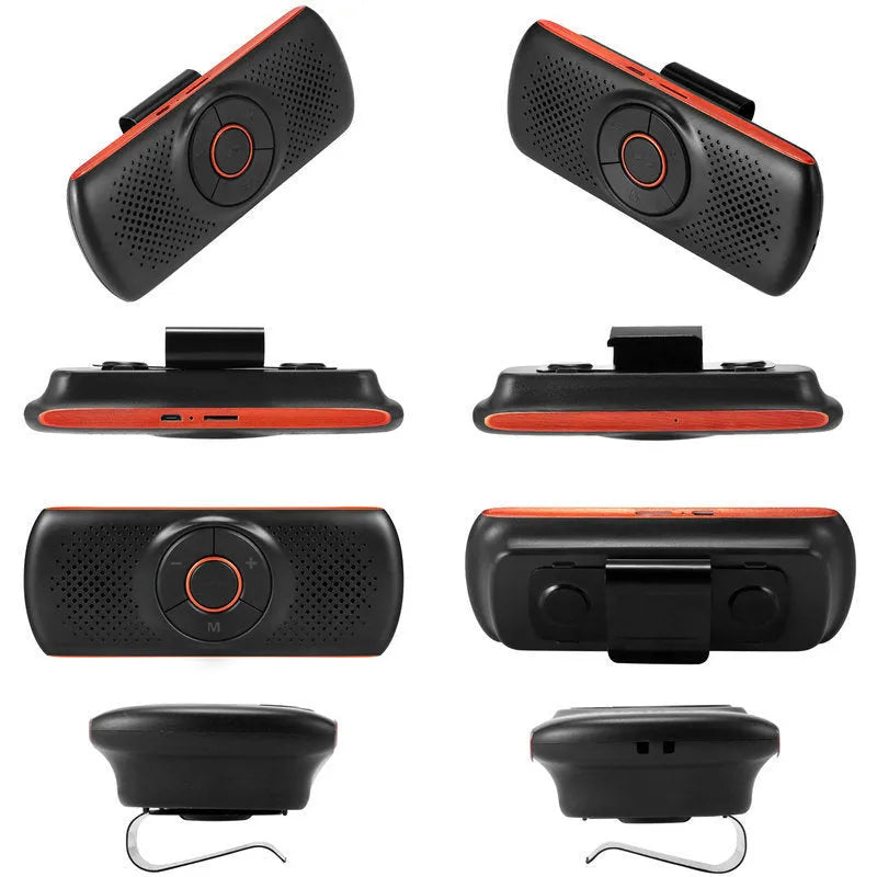 Orange Bluetooth car hands-free phone kit mounted on vehicle sun visor for wireless calling