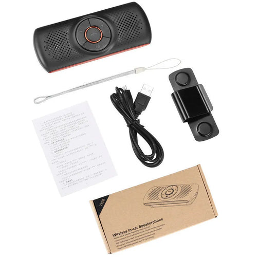 Orange Bluetooth car hands-free phone kit mounted on vehicle sun visor for wireless calling
