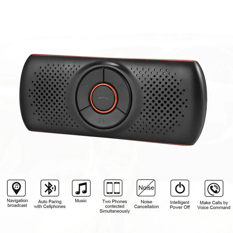 Orange Bluetooth car hands-free phone kit mounted on vehicle sun visor for wireless calling