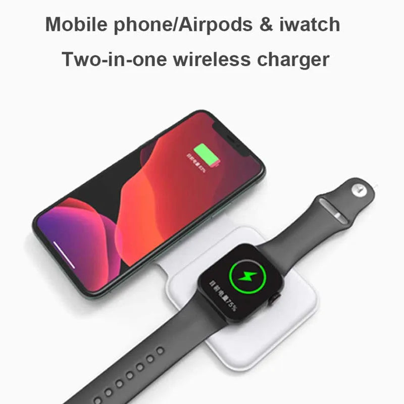 White foldable magnetic wireless charging dock showing dual-device support and adjustable angle.