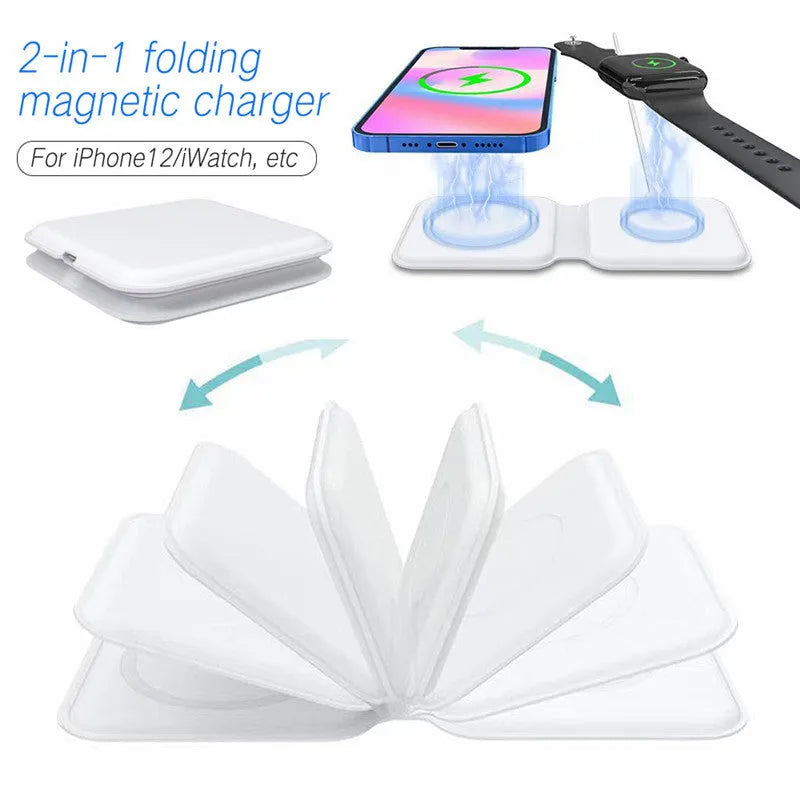 White foldable magnetic wireless charging dock showing dual-device support and adjustable angle.
