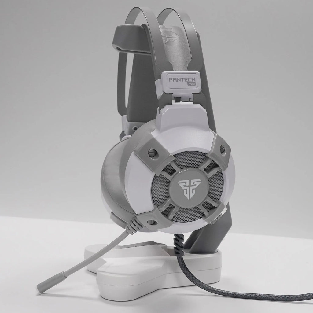 Black FANTECH HG11 gaming headset with microphone, RGB lights, and USB cable